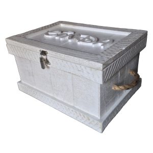 Small box with hinged lid and rope handles in white washed rustic timber